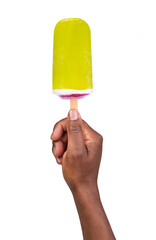 Man holding a fruit ice cream popsicle isolated on transparent or white background