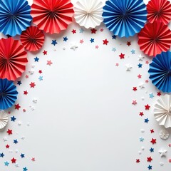 Obraz premium Patriotic celebration with white arch and red, blue, white paper stars. Symmetrical pattern, border of stars, festive atmosphere. White background highlights stars and arch.
