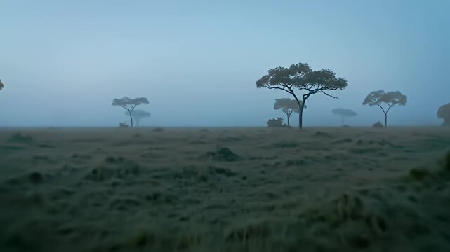Foggy savanna landscape with sparse trees and bushes in muted, blue-green tones