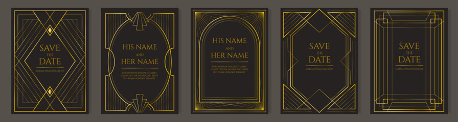 Gatsby frame. Gold art deco invite card. Elegant luxury border design. Decorative vintage lines. Marriage ceremony celebration. Wedding invitation. Vector retro poster templates set