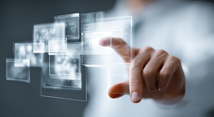 A hand interacting with translucent interface displays