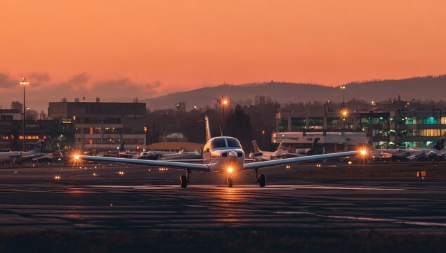Single-engine aircraft taxiing on runway at sunset, illuminated lights reflecting on tarmac, airport buildings and distant hills in orange-hued twilight