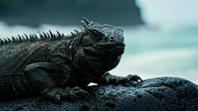  A close-up cinematic shot of a marine iguana resting on volcanic rock in the Galapagos  turning its head to look directly at the camera.