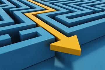 Bright yellow arrow cuts through blue maze providing a clear path forward in complex problem-solving