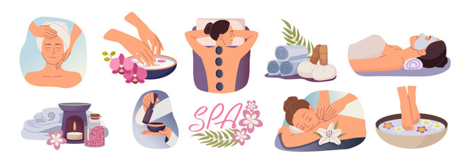 Spa massage. Beauty wellness treatments. Facial mask. Cartoon characters in cosmetology salon. Relax skin care. Women health skincare tools. Body relaxation. Vector cosmetic procedures set