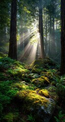 Fototapeta premium Sunbeams pierce a misty forest, illuminating moss-covered rocks and lush ferns on a sloping path between towering trees