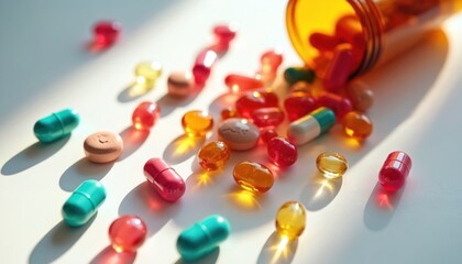 Collection of colorful pills in various sizes, shapes on white background. Vibrant red, sunny yellow, cool blue colors. Random arrangement, no pattern or order. Pills vary in size, shape, color.