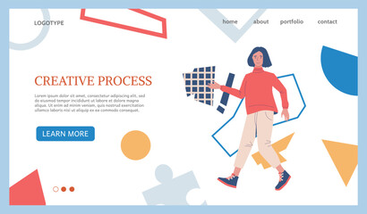 Creative process. Web banner design. Landing page. Creative business, woman on abstract background. Work brainstorm and innovation. Website template. Vector cartoon isolated illustration