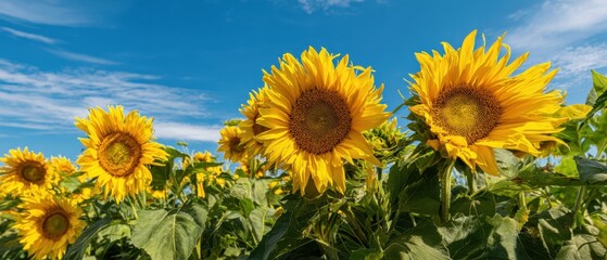 The Sunflowers Standing Tall in a Vibrant Summer Field Under Blue Sky