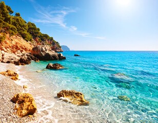 Sunny beach with turquoise sea, and rocks.