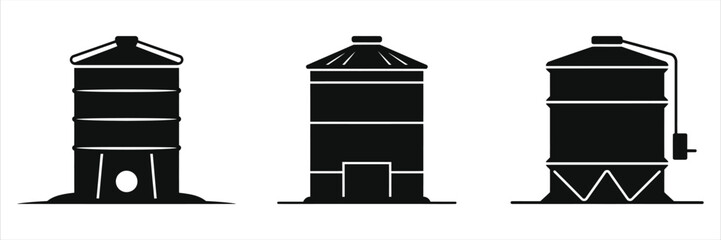 (Feed bin )Set of Grain Storage Silo Silhouettes – Vector  of Agricultural Silos for Farming, Feed, Corn, and Grain Storage Isolated on White Background for Rural, Industrial, and Agricultural Designs