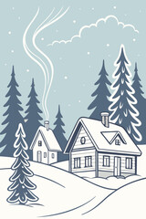 Charming winter cabin scene with snow-covered evergreens, perfect for holiday cards and cozy seasonal designs, offering warmth and tranquility to viewers