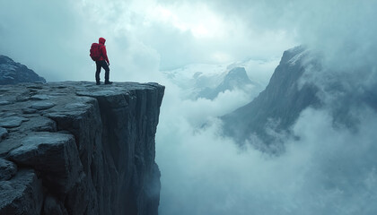 Lone hiker in vibrant red outfit stands on cliff edge amidst swirling clouds, icy landscapes. This image embodies adventure spirit, raw nature, overcoming challenges in majestic mountain environment.