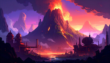Volcanic eruption with glowing lava flowing down mountain near industrial buildings under dramatic colorful sky at sunset