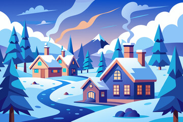 Enchanting winter village landscape in vibrant hues, snowy rooftops and cozy glow evoke holiday peace, perfect for seasonal greetings and designs