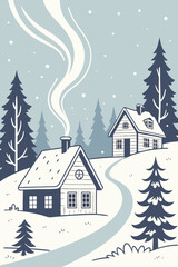 Naklejka premium Cozy winter cabins nestled among snow-covered pine trees, smoke rising from chimney, evoking peace and tranquility, perfect for holiday cards and winter themes