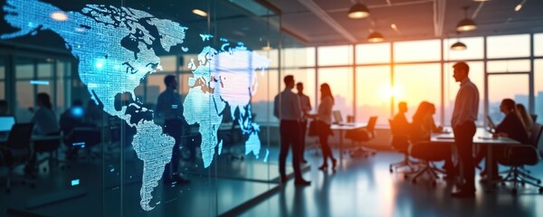 Group of professionals collaborate in modern office space. Bright, dynamic, ergonomic workspace with natural light. Individuals seated around table, focused on discussion. Large window, world map on