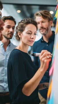 Businesswoman using marker pen and writing on whiteboard during brainstorming session with colleagues in modern office