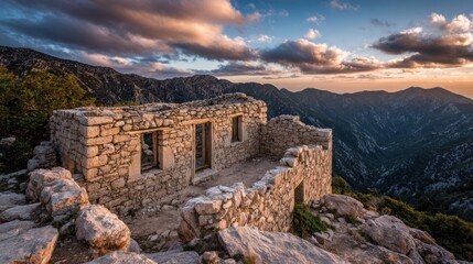 Ruined stone building atop mountain at sunset