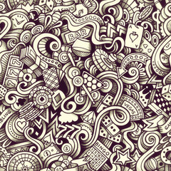 Doodle art pattern of casino and bar elements gambling drinks