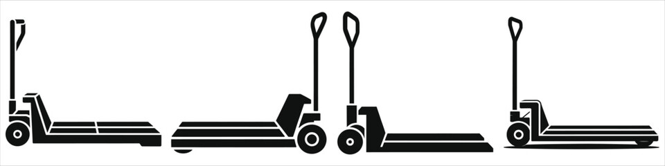 Set of Pallet Jack Silhouettes – Vector Icons of Manual Hand Pallet Trucks for Warehouse, Logistics, and Industrial Material Handling Equipment Isolated on White Background for Supply Chain 