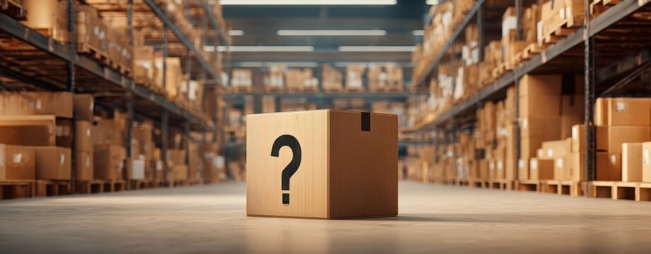 The cardboard box with question mark in a vast modern warehouse aisle