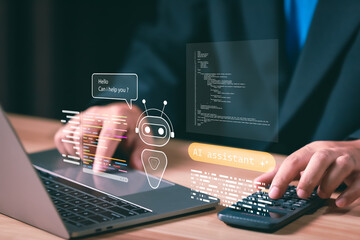 Businessman using laptop with AI assistant chatbot, digital code, and calculator, symbolizing artificial intelligence, automation, data analysis, and smart technology for business solutions.