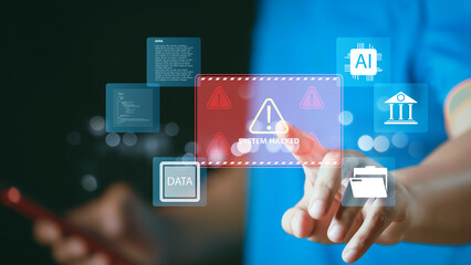 Cybersecurity concept showing system hacked warning with data breach, AI risk, and digital security threat, symbolizing online privacy issues, hacking, and data protection.