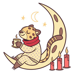 Vector illustration of a Funny Leopard with sitting on a moon, styled in a Christmas theme using Warm Cozy colors