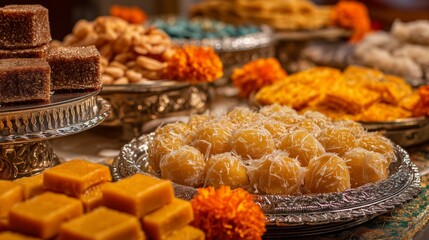Fototapeta premium Delicious indian sweets arranged on ornate silver platters, creating a vibrant and tempting display for diwali festivities
