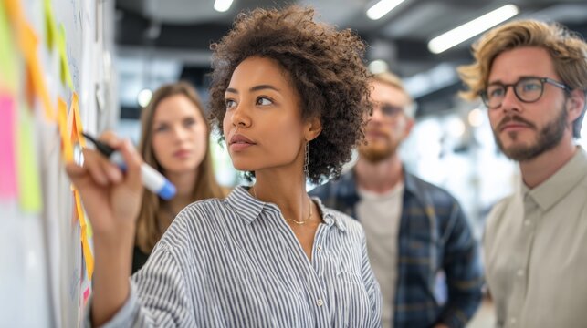 Businesswoman using marker pen, writing on whiteboard with sticky notes, planning and strategizing with colleagues in background