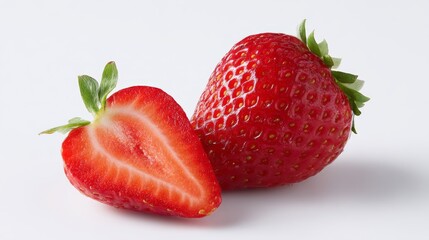 Fresh red strawberries on a white background. One whole and one cut in half show juicy fruit. Perfect for food photography and healthy lifestyle themes. Ideal for recipes and fresh produce ads. AI