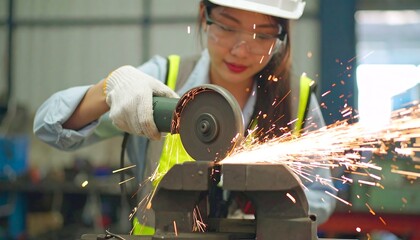 Focused Female Engineer Creates a Brilliant Shower of Sparks While Grinding Metal