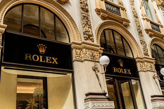Rolex luxury shop windows in the Galleria Vittorio Emanuele II. Sale and shopping mall brand world center in Europe. Italy, Milan - July 17, 2025.