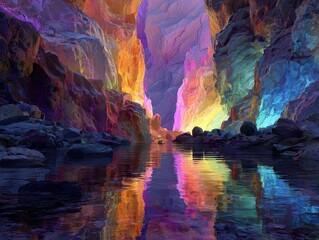 Colorful Canyon Reflection water flows through cliffs illuminated with rainbow hues