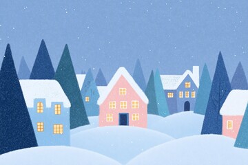 Winter landscape illustration featuring colorful houses surrounded by snow-covered hills and evergreen trees under a starry night sky, creating a cozy and festive atmosphere
