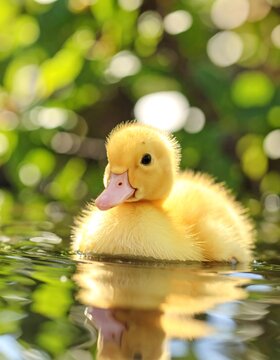 Cute yellow duckling swimming in shallow water