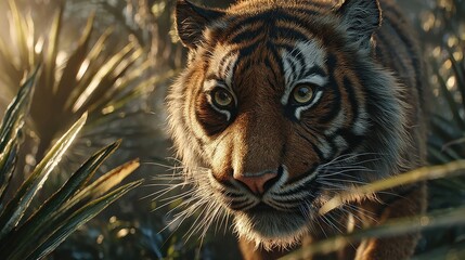 Closeup portrait of a majestic tiger emerging from lush green foliage in a dense jungle, showcasing its powerful and wild nature