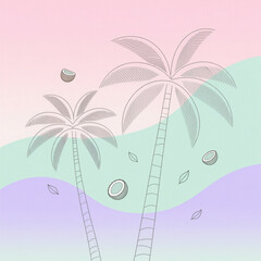 A serene, pastel-colored tropical scene featuring stylized palm trees and floating coconuts against soft gradient hills