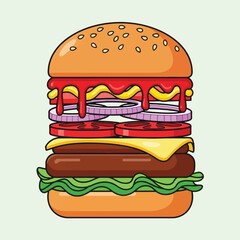 A detailed illustration of a juicy hamburger with various toppings.