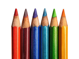 Six sharpened colored pencils in a row red maroon blue teal green orange on black drawing, Isolated, Png Transparent Background