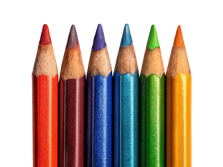 Six sharpened colored pencils in a row red maroon blue teal green orange on black drawing, Isolated, Png Transparent Background
