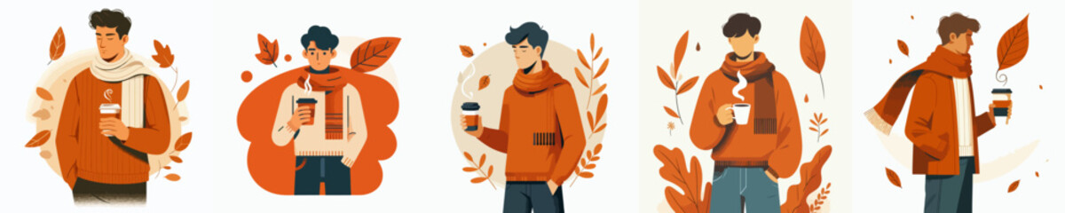 vector half body of a man enjoying coffee to warm the body in autumn