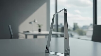 Clear crystal trophy on a gray table in office setting, blurred city view backdrop