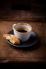 Cup of coffee on wooden background. Soft focus. Copy space	