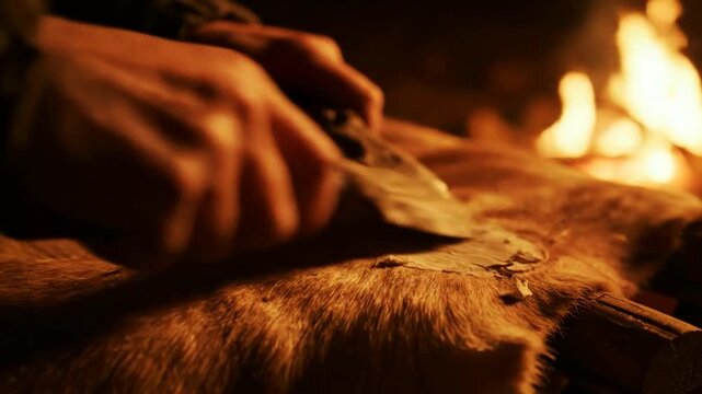  By the warm light of a fire  a person uses a primitive stone tool to carefully scrape an animal hide  depicting ancient survival skills and historical craftsmanship.