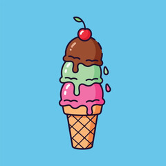 A three-scoop ice cream cone with chocolate, mint, and strawberry.