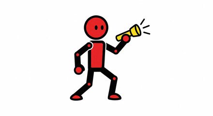 Stick figure using a flashlight searching in the dark for opportunities or answers