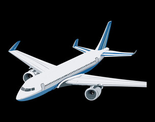 A passenger jet flying on a black background, a sleek and modern illustration of an aircraft in motion
