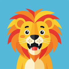 Smiling cartoon lion illustration in flat style.